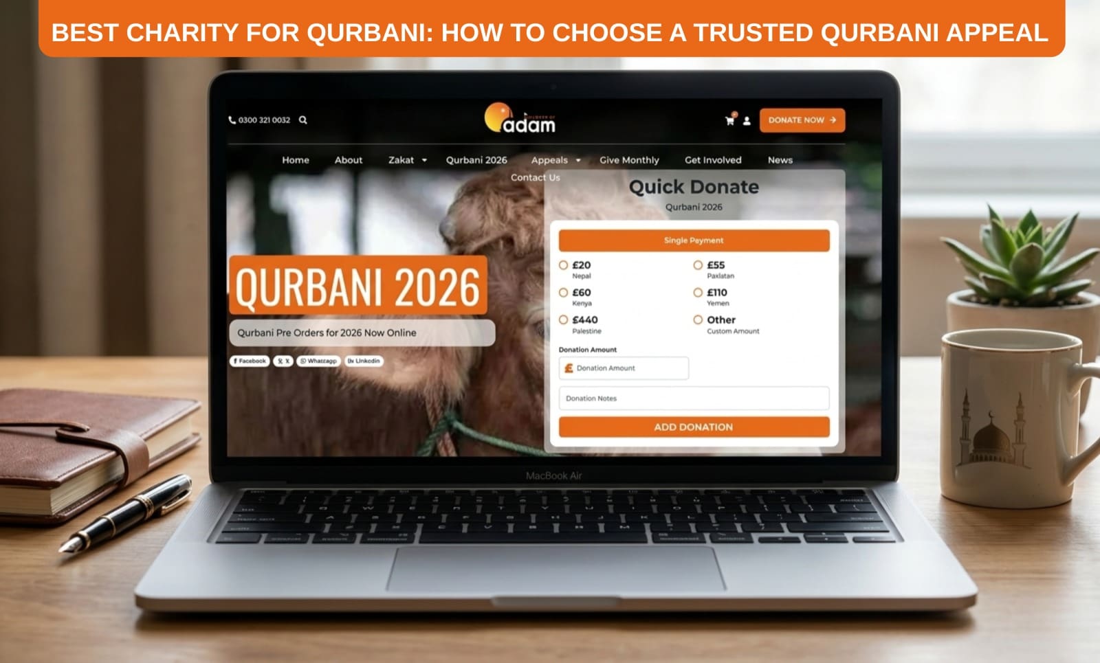 Best Charity for Qurbani: How to Choose a Trusted Qurbani Appeal 5 a macbook air sits on a wooden desk, displaying the "children of adam" charity website with a "qurbani 2026" donation page open. the screen shows a "quick donate" form with various price points for countries like pakistan and nepal, set against a background image of a cow. on the desk, a leather notebook and a white mug with a mosque illustration frame the laptop. an orange banner across the top of the image reads, "best charity for qurbani: how to choose a trusted qurbani appeal."
