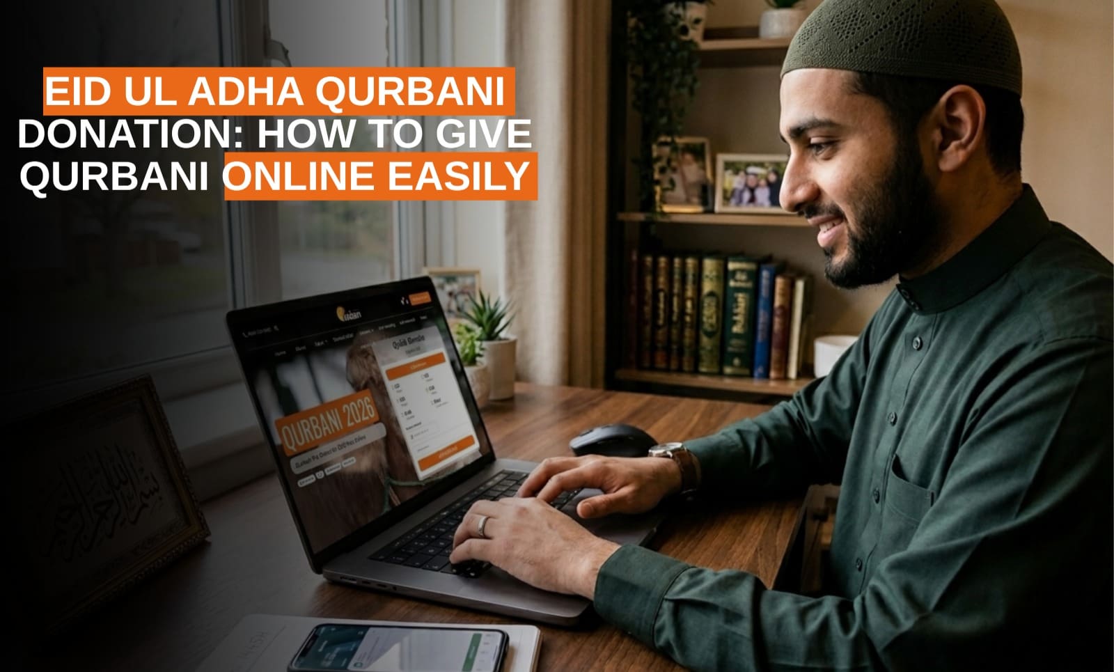 Eid ul Adha Qurbani Donation: How to Give Qurbani Online Easily 4 a smiling young man wearing a green prayer cap (kufi) and a green shirt sits at a wooden desk, using a laptop to make an online donation. the laptop screen displays a "qurbani 2026" donation page with a "quick donate" form. in the background, a bookshelf and framed islamic calligraphy are visible. large text in an orange and white overlay reads, "eid ul adha qurbani donation: how to give qurbani online easily."