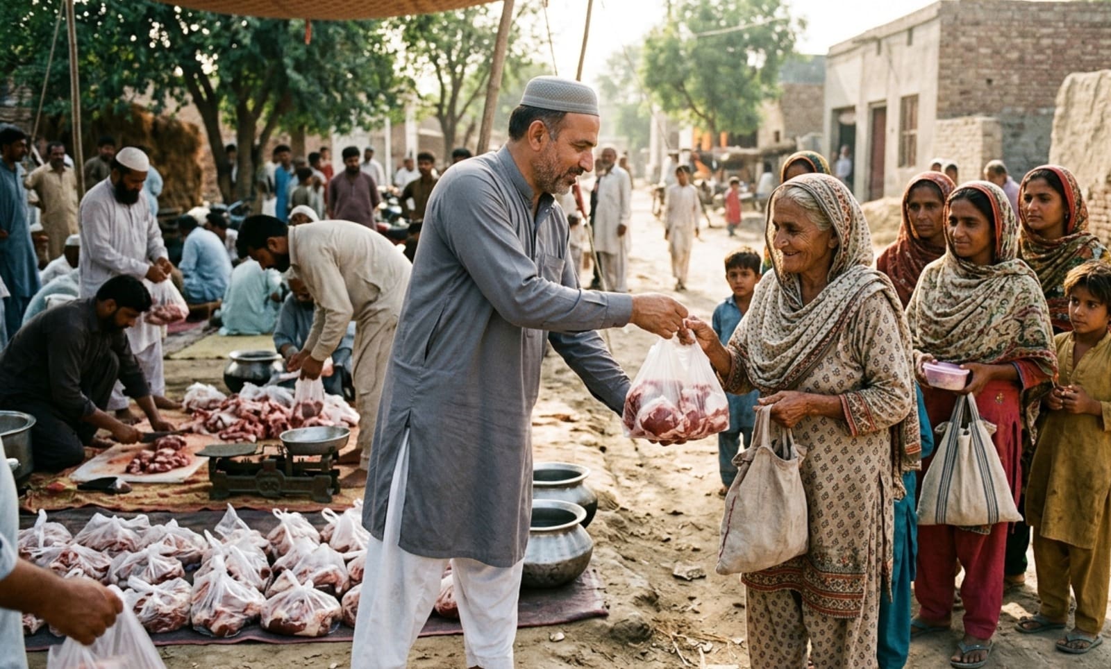 Is Qurbani Compulsory? A Complete Guide to Who Must Give Sacrifice 3 a man in a grey shalwar kameez handing a bag of meat to an elderly woman at an outdoor distribution site with people gathered in the background.