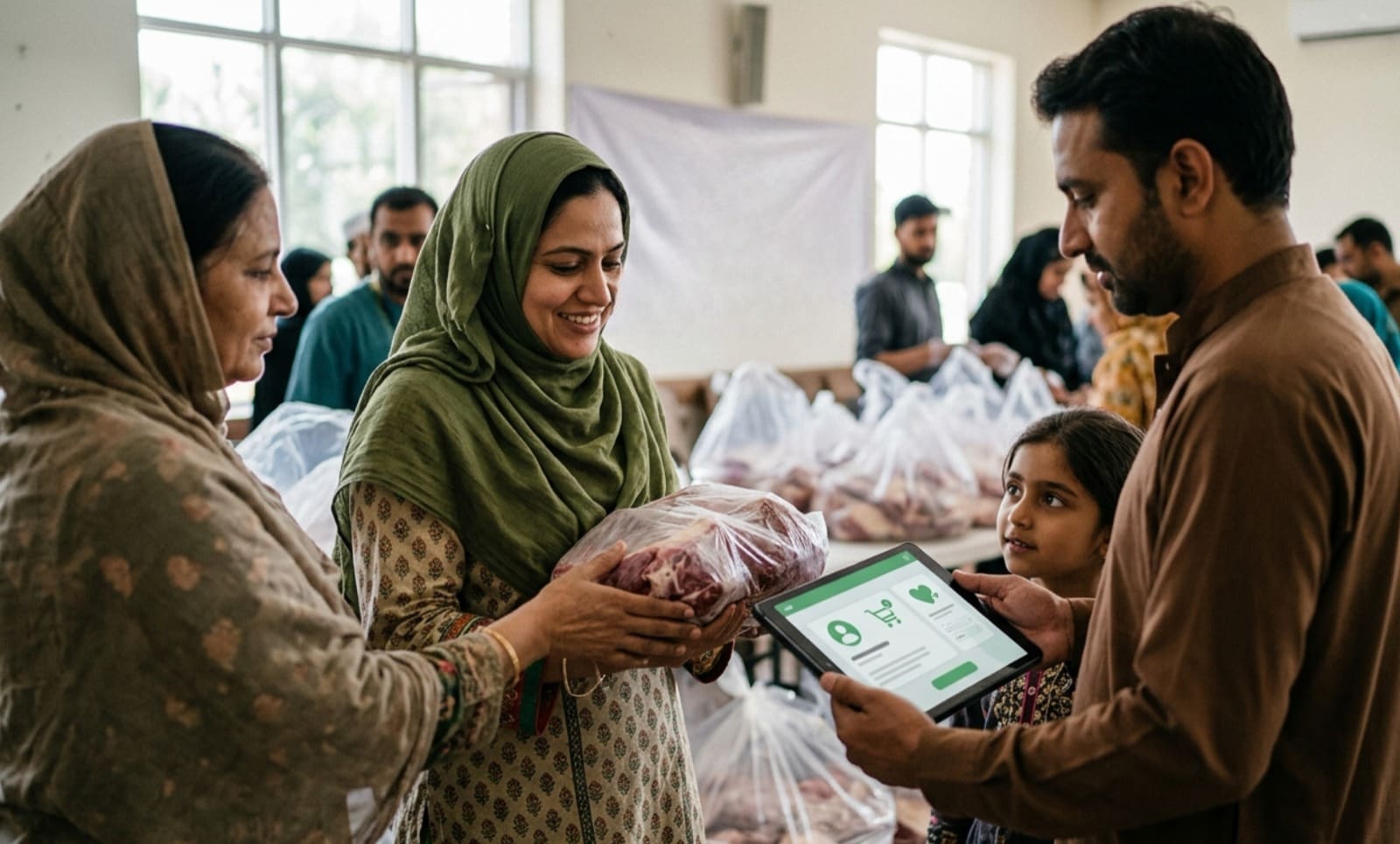 Is Qurbani Per Person or Family? A Detailed Guide to Family Obligations 4 a smiling woman in a green hijab hands a large package of meat to another woman in an indoor distribution center. to the right, a man holds a tablet displaying a digital management interface while a young girl watches. the background shows several clear plastic bags of meat organized on tables, with other people assisting in the distribution process.