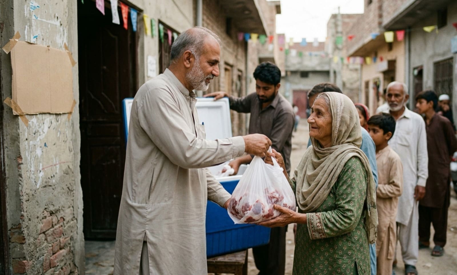 Preparing for Dhul Hijjah: Why You Should Donate Qurbani Early 3 a man in a light-colored traditional tunic hands a large plastic bag of meat to an elderly woman in a green dress and headscarf. they stand in a narrow street decorated with colorful bunting, next to a large blue cooler box being managed by another man. in the background, a small queue of people waits along the brick buildings.