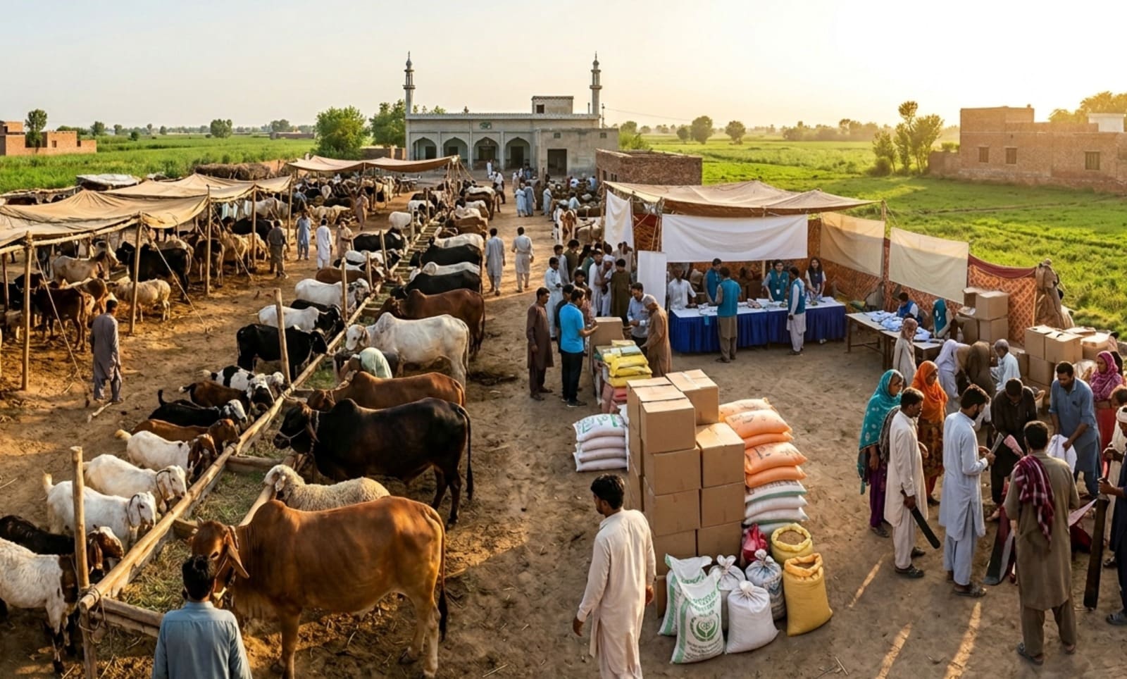 Qurbani Eid 2026 Countdown: Important Dates and How to Prepare Your Sacrifice in Time 5 a bustling rural livestock market with cows, goats, and people gathered near a mosque and aid distribution stalls at sunset.