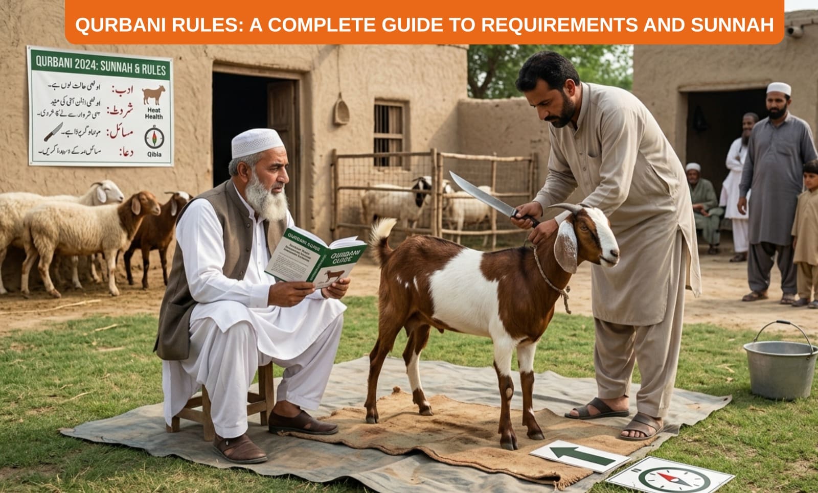 Qurbani Rules: A Complete Guide to Requirements and Sunnah 5 an elderly man with a white beard sits on a small stool reading a guidebook, while a younger man stands nearby holding a large blade over a brown and white goat. the scene is set outdoors near traditional buildings, featuring an instructional poster titled "qurbani 2024: sunnah & rules" on the wall and qibla direction markers on the ground. the image is overlaid with an orange header bar that reads: "qurbani rules: a complete guide to requirements and sunnah.
