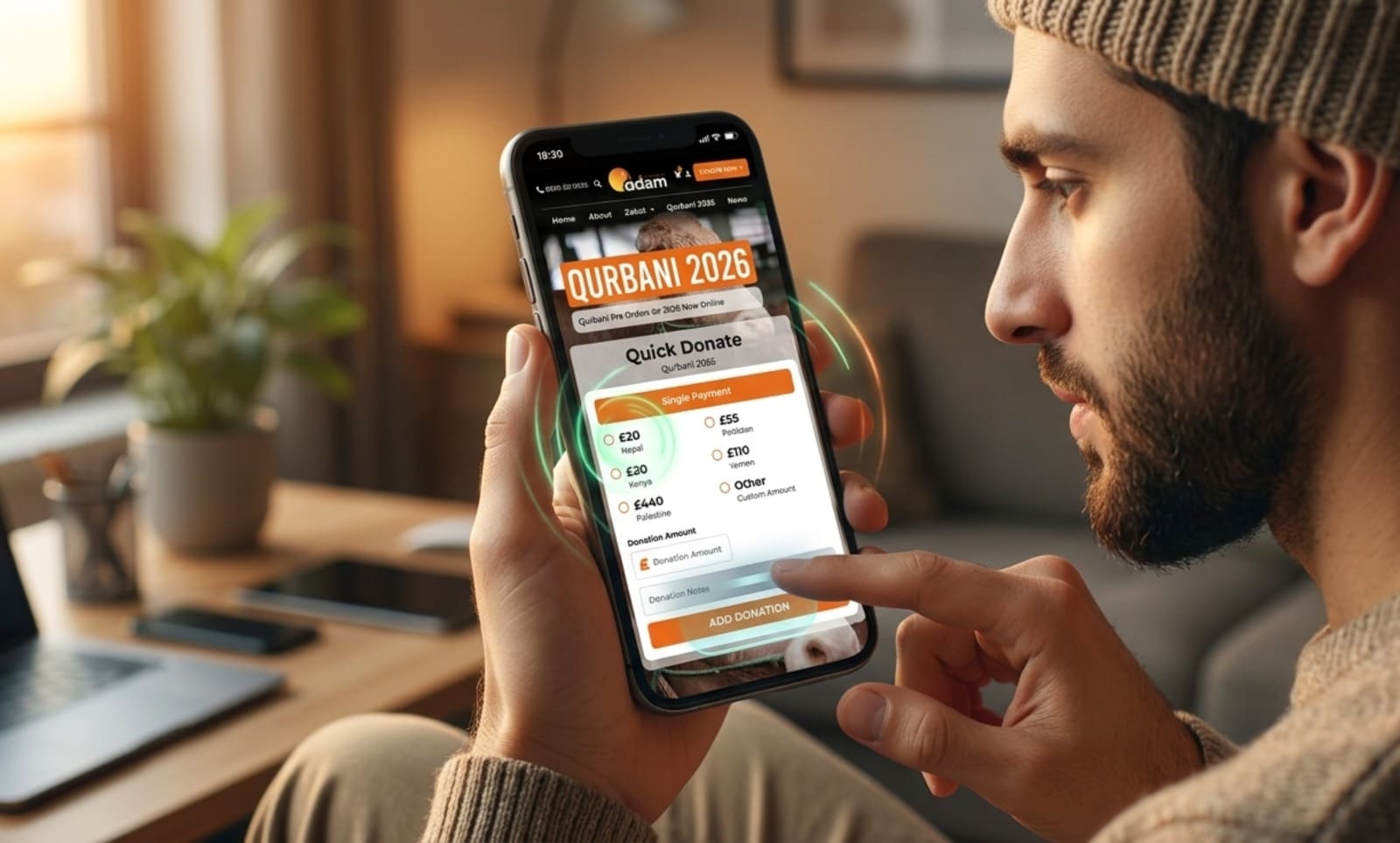 Sacrifice Without Borders: The Ultimate Guide to Fulfilling Your Online Qurbani 4 man using a smartphone to make a qurbani 2026 donation through a quick donate app interface for the file qurbani-eid-2026-countdown Important Dates and How to Prepare Your Sacrifice in Time..jpg.