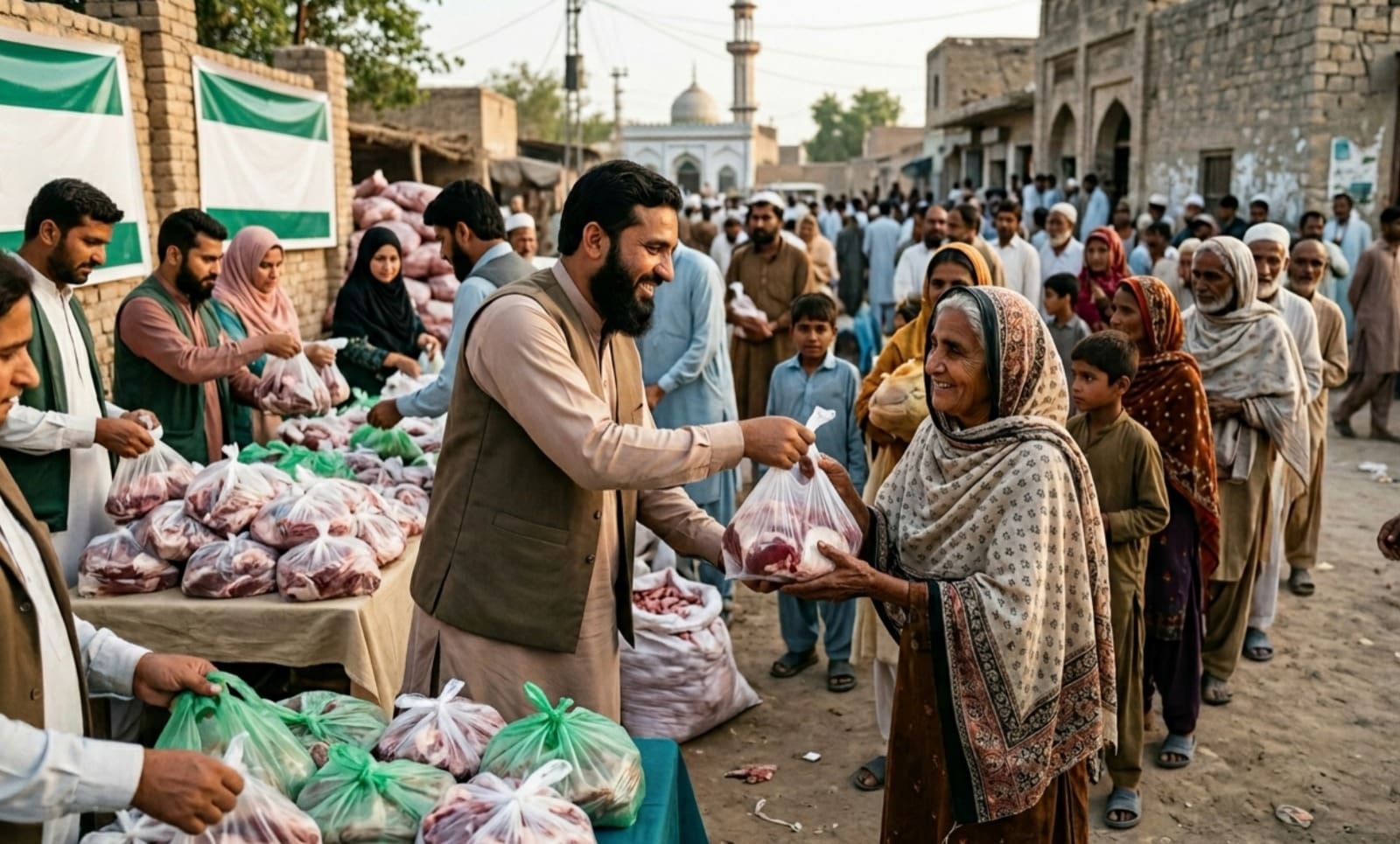 The Day of Arafah: Maximize Your Reward with Qurbani and Eid Donations 2 an outdoor scene shows a smiling man in a tan vest handing a plastic bag filled with raw meat to an elderly woman in a crowded village square. in the background, other volunteers stand behind tables stacked with similar bags of meat, distributing them to a long line of people. the setting features brick buildings and a mosque minaret under a clear sky, illustrating a community charity event during an islamic holiday.