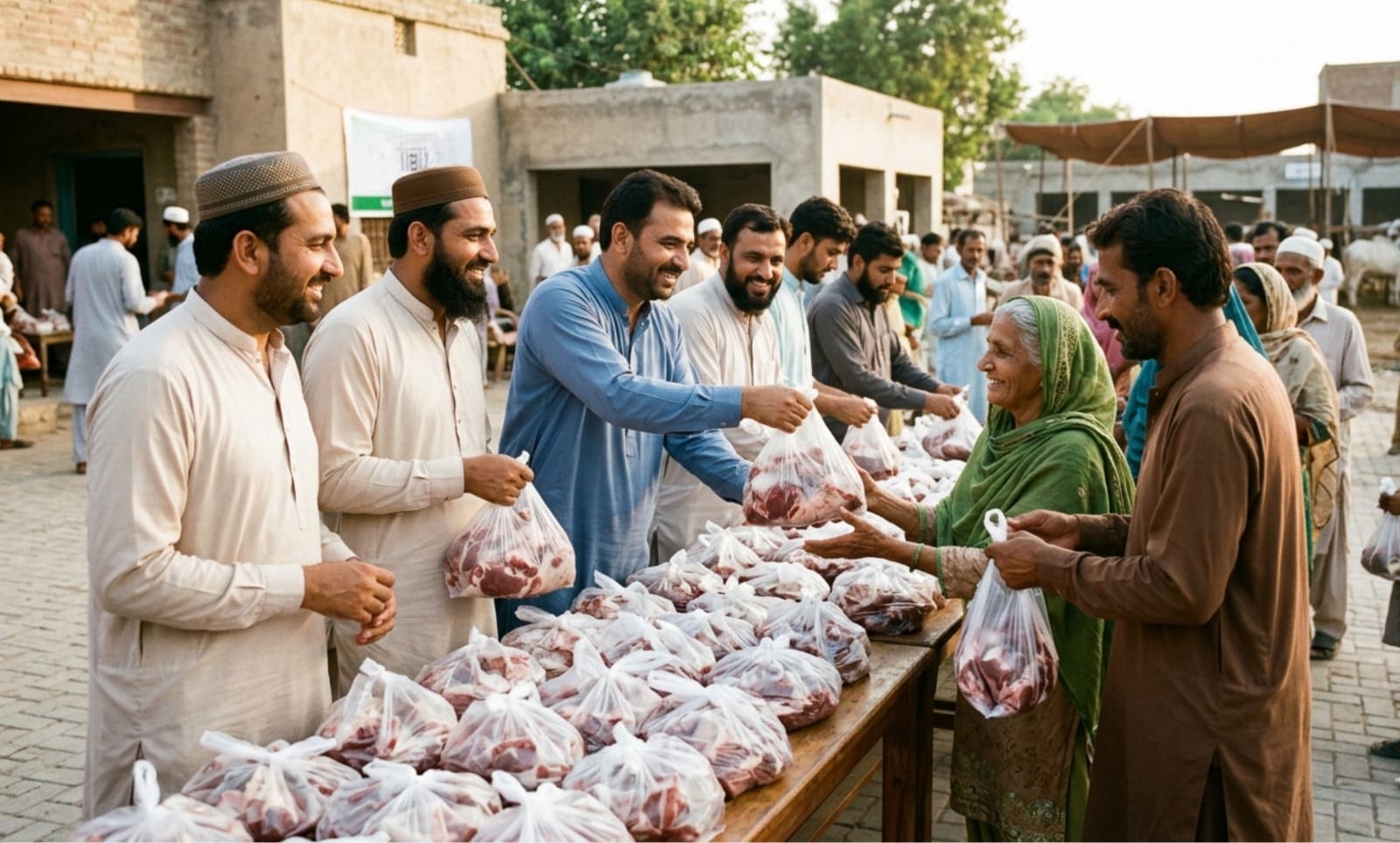 Understanding Qurbani in Islam: Meaning, Purpose and the Right Way to Fulfil It 2 smiling men at a long wooden table distributing bags of meat to an elderly woman and others in an outdoor community setting.