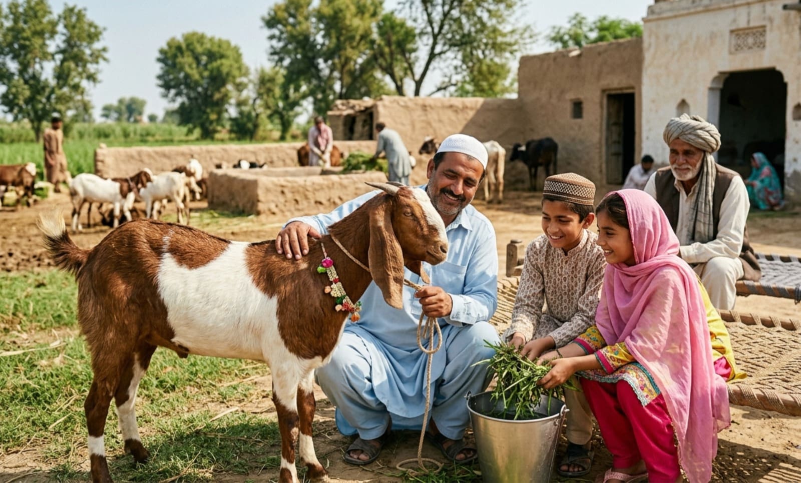 What is Qurbani? Everything You Need to Know Before Eid ul Adha 2 A smiling man in traditional clothing gently pets a decorated goat while two children feed it greens from a bucket, with an elderly man and other livestock in a rural village setting.