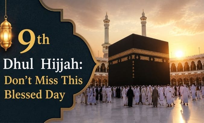 9th Dhul Hijjah: Don’t Miss This Blessed Day 2 an image showing pilgrims gathered around the kaaba in makkah under a bright sunset sky with minarets in the background. the left side has a decorative dark border with a hanging lantern and text that reads: "9th dhul hijjah: don't miss this blessed day.