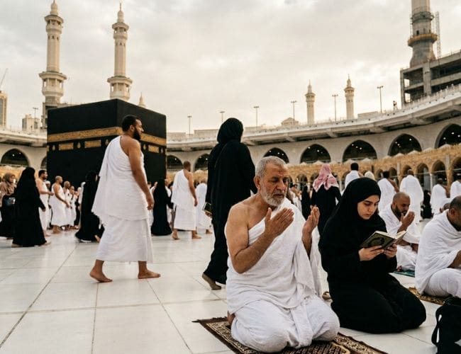 Welcoming the Best Days: A Complete Guide to Dhul Hijjah 2026 1 Pilgrims worshipping in the courtyard of the Masjid al-Haram in Mecca, with the Kaaba visible in the background. In the foreground, an elderly man in white Ihram clothing kneels on a prayer mat with his hands raised in supplication, while a young woman in a black hijab sits beside him reading from a small book. Other pilgrims are seen walking and praying throughout the open area under an overcast sky.