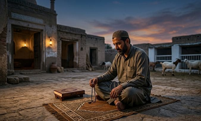Are You Spiritually Ready for Qurbani? Preparing Your Intention Before Eid ul Adha 2026 3 a man sitting on a prayer mat outside a mosque holding prayer beads at sunset.
