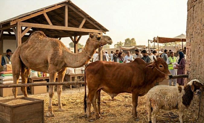 Camel vs. Cow vs. Sheep: Which Qurbani Share Provides the Most Impact? 7 A camel, a brown cow, and a sheep stand tied to wooden posts in an outdoor livestock market. The camel is positioned on the left near a wooden shed filled with bags of feed, while the cow stands in the center and the sheep is on the right near a stone wall. In the background, several people are walking through the busy open-air market under a hazy sky.
