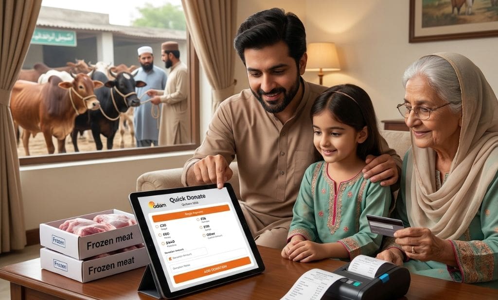 Cheap Qurbani 2026: How to Find Affordable Qurbani for Eid Without Compromising Reward 2 a man, a young girl and an elderly woman sitting indoors using a tablet and credit card to make an online donation, with cattle visible through the window.