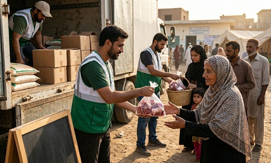 How to Give Qurbani Correctly Rules, Eligibility, Family Shares and Timing Explained 4 a man in a green vest hands a bag of meat to an elderly woman outside a delivery truck.