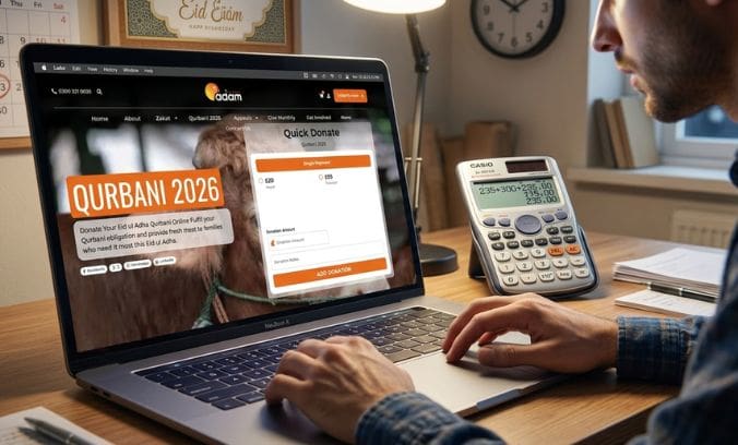 It’s Almost Eid: What If You Haven’t Given Your Qurbani Yet in 2026? 4 a man makes an online qurbani donation on a laptop with a calculator on the desk next to him.