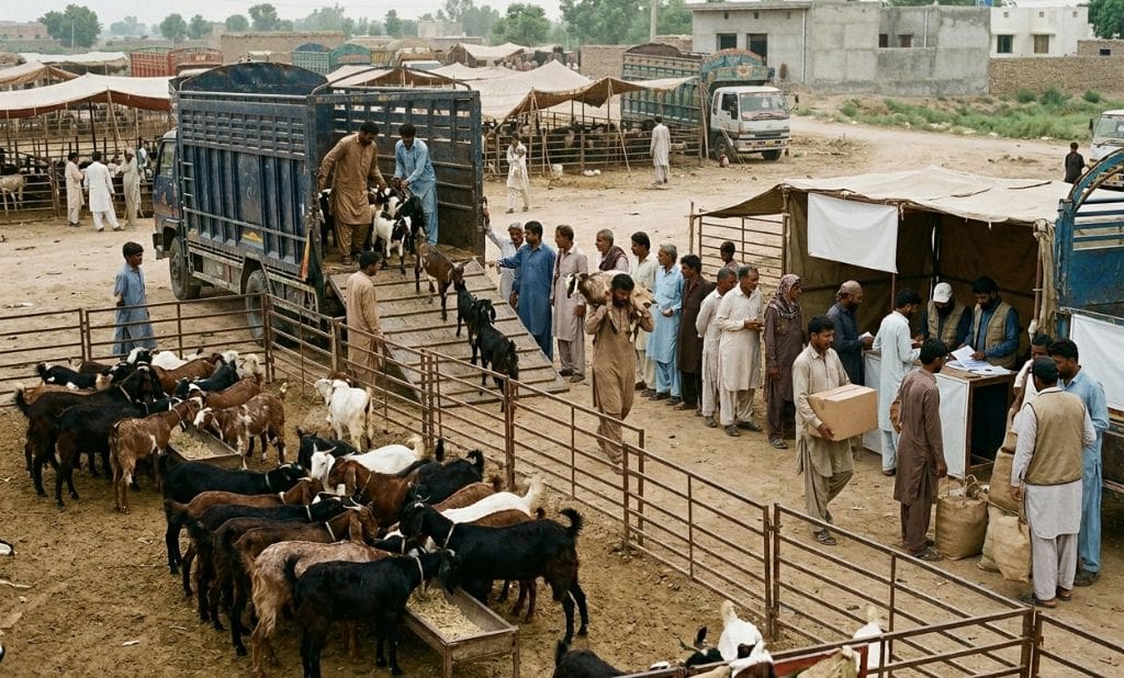 Online Qurbani 2026: How to Donate Qurbani Online Easily and Securely 3 a busy outdoor livestock market with goats in pens and people lining up at a distribution desk near transport trucks.