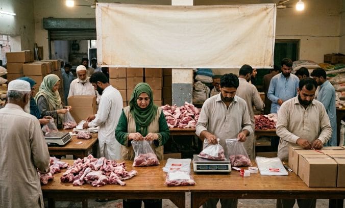 Qurbani 2026 Deadlines: Why You Shouldn't Wait Until the Day of Arafah to Donate 5 Workers and volunteers in an indoor facility packaging portions of fresh Qurbani meat for distribution. In the foreground, a woman wearing a green hijab and a man at a separate table weigh meat on digital scales and seal them in clear plastic bags, while piles of raw meat rest on the wooden tables. In the background, other individuals assist with packing cardboard boxes and managing supplies beneath a blank white banner.
