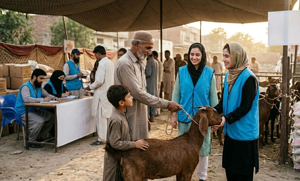 Qurbani History in Islam: The Story, Importance and Benefits of Qurbani 5 an elderly man and a young boy standing with a brown goat at a distribution center while two women in blue vests assist them.