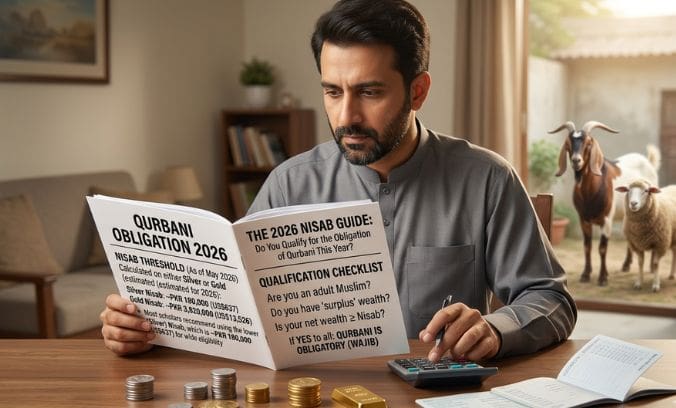 The 2026 Nisab Guide: Do You Qualify for the Obligation of Qurbani This Year? 3 A man sits at a desk, reviewing an open booklet titled "THE 2026 NISAB GUIDE: Do You Qualify for the Obligation of Qurbani This Year?" and "QURBANI OBLIGATION 2026." He holds a pen over a calculator, with stacks of coins and a small gold bar arranged on the wooden table in front of him. In the background, a cozy living room is visible on the left, while a goat and a sheep stand outdoors near a doorway on the right.
