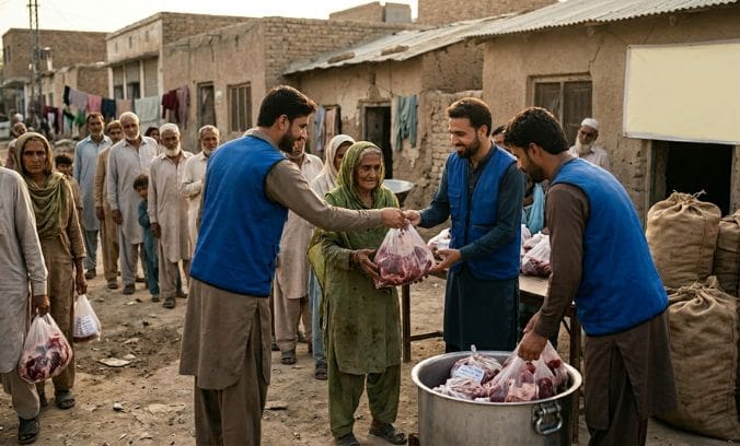 What Happens After You Donate Qurbani? Step-by-Step Journey From Donation to Distribution 2 volunteers in blue vests distributing bags of meat to needy people in a village community.