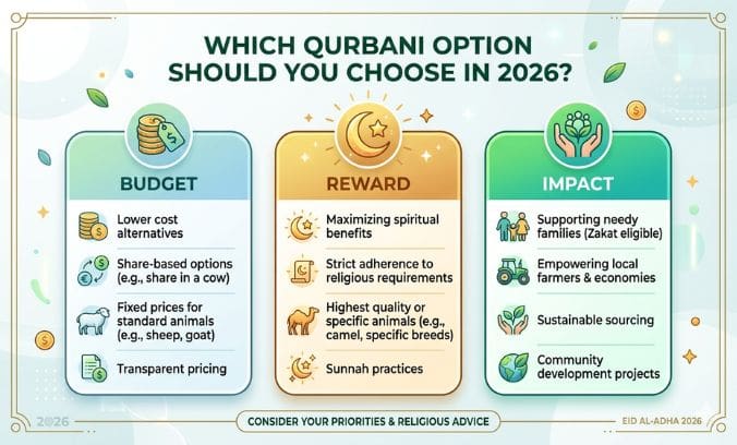 Which Qurbani Option Should You Choose in 2026? Budget vs Reward vs Impact Explained 3 an infographic explaining how to choose a qurbani option based on budget, reward and impact priorities.