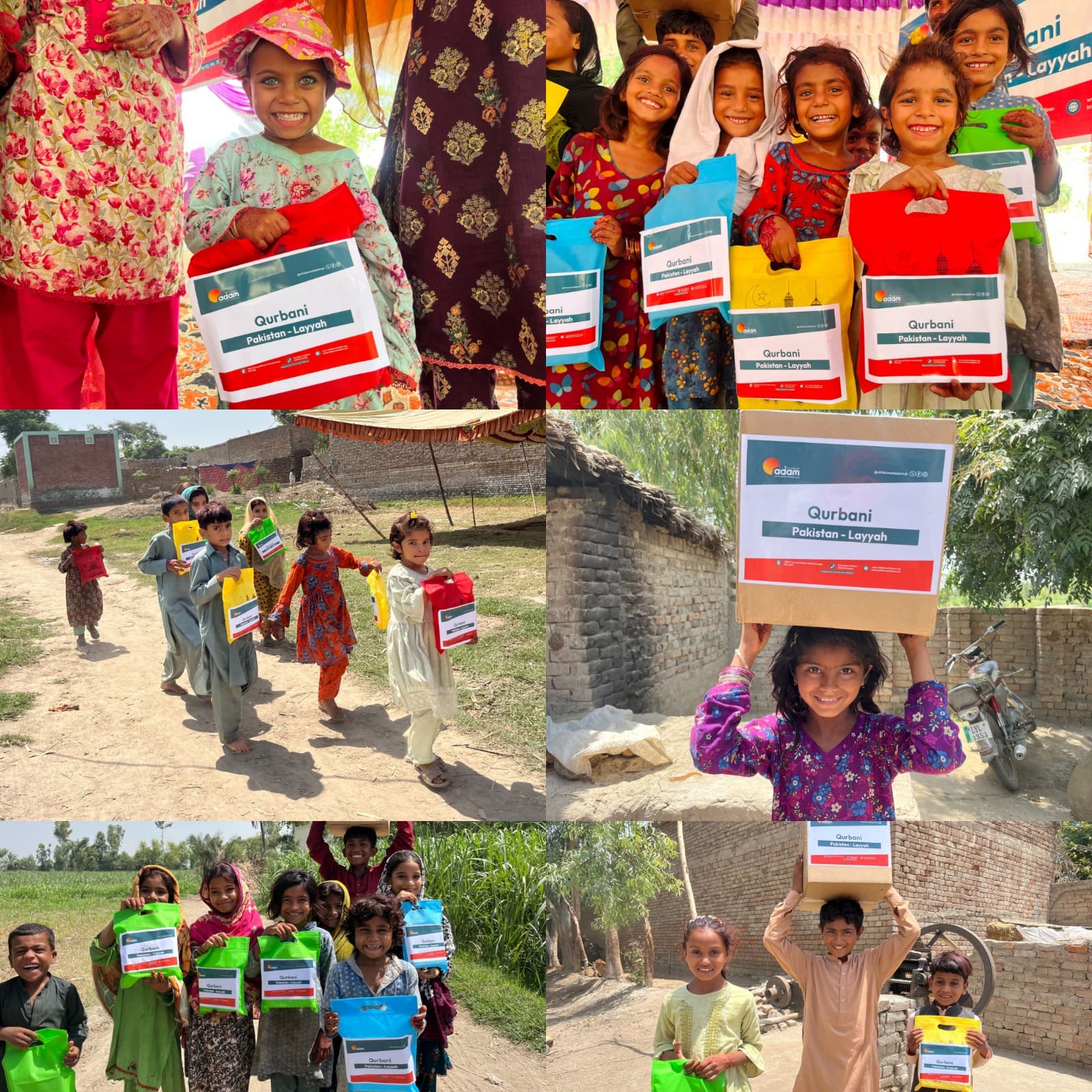 Qurbani 2026: Fresh Meat Distributed to Families in, Pakistan 3 A collage of six photos showing happy, smiling children in Layyah, Pakistan, holding and carrying colorful "Children of Adam" Qurbani food donation bags and cardboard boxes.