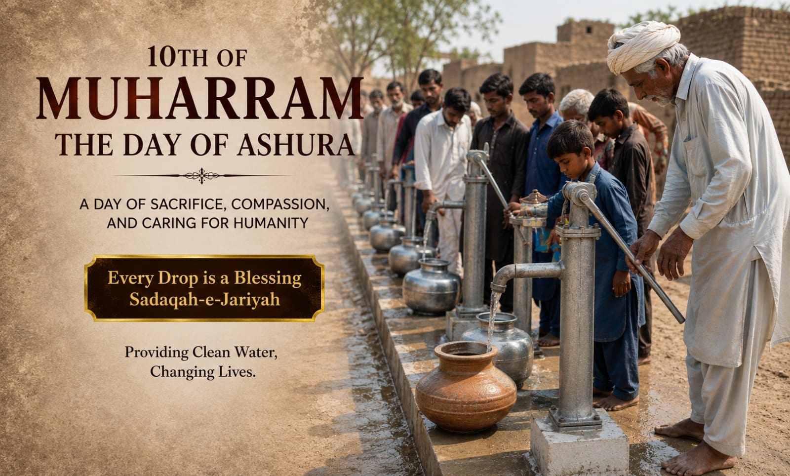 The 10th of Muharram: The Day of Ashura 4 A donation graphic showing a long row of outdoor hand pumps where men and children are collecting clean water in pots. Text overlay reads, "10th of Muharram: The Day of Ashura. A day of sacrifice, compassion, and caring for humanity. Every Drop is a Blessing Sadaqah-e-Jariyah. Providing Clean Water, Changing Lives."