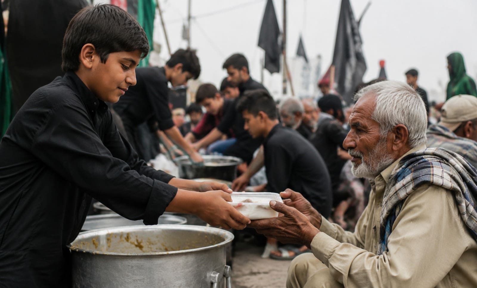 Best Charity Ideas for 9th and 10th Muharram in Islam 15 A young boy dressed in black hands a container of food from a large metal pot to an elderly, bearded man sitting on the ground during a community charity event, with other volunteers serving food and black flags visible in the background.