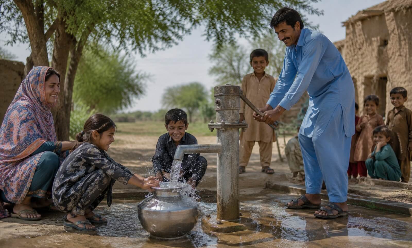 Best NGOs for Ashura Water Charity Campaigns 4 A smiling man operates a manual water pump to fill a metal pot held by a young girl, while a woman and several children look on happily in a rural setting.