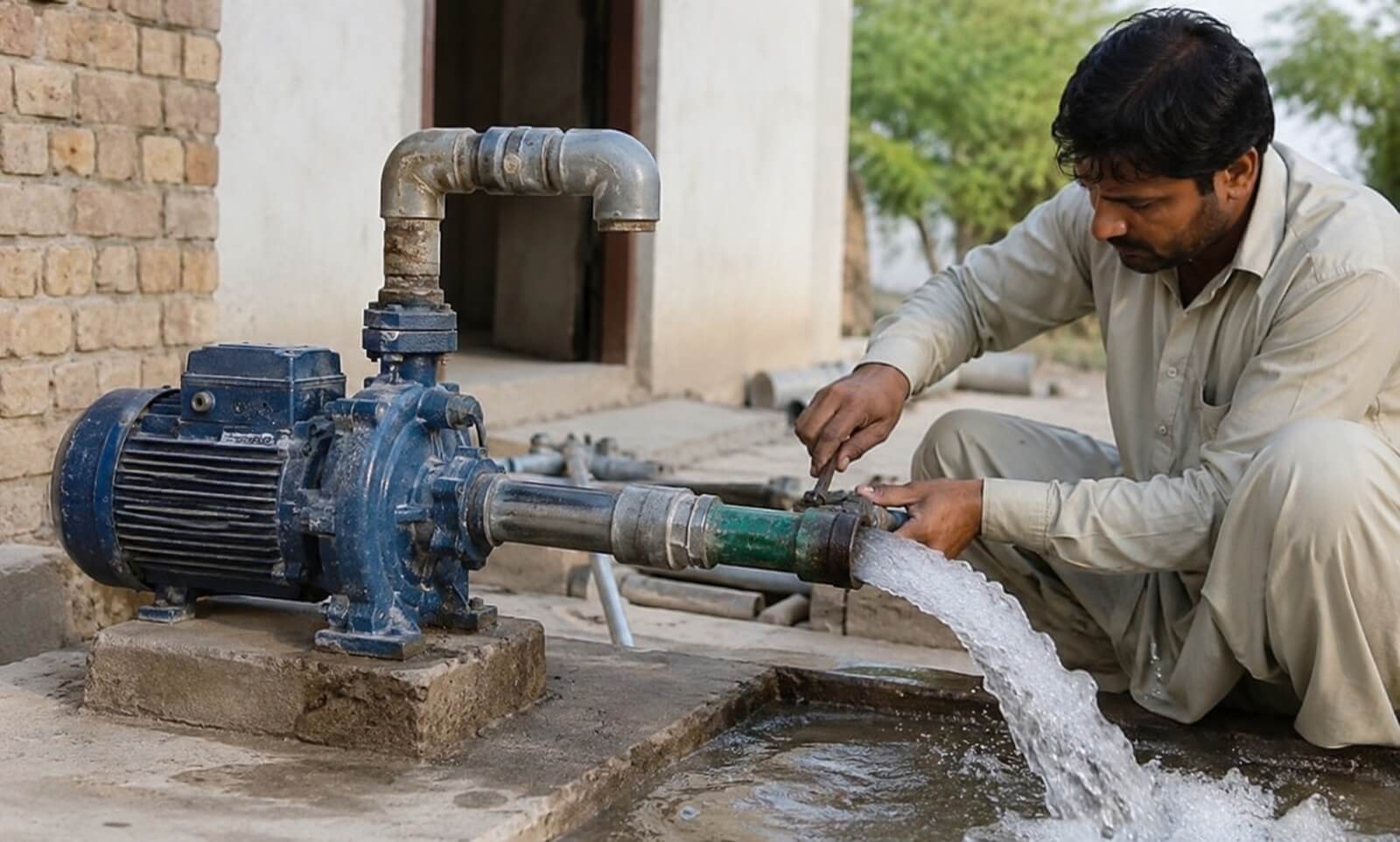Cost of Water Pump Installation in Pakistan (2026 Guide) 2 A man crouches next to a blue electric water pump, adjusting a pipe valve as water flows heavily into a concrete drainage area.