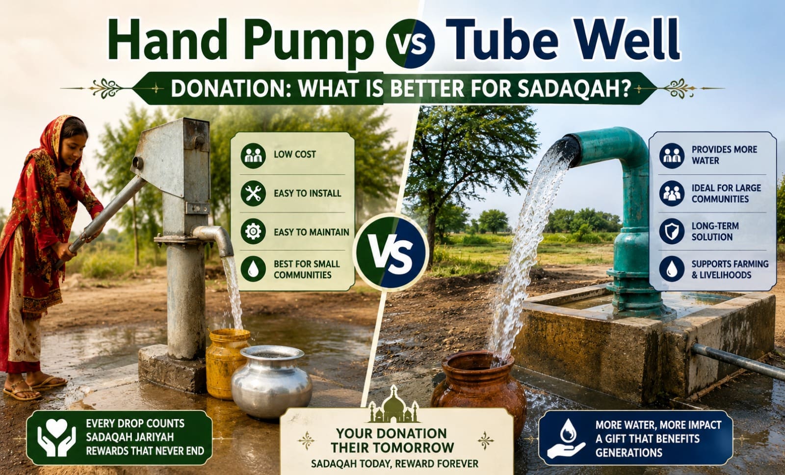 Hand Pump vs Tube Well Donation: What is Better for Sadaqah? 4 An informative graphic comparing a hand pump and a tube well for charity donations. The left side shows a girl operating a manual hand pump to fill water containers, listed with benefits like low cost, easy installation, easy maintenance, and suitability for small communities. The right side shows a large motorized tube well pipe gushing a heavy stream of water into a clay pot, listed with benefits like providing more water, being ideal for large communities, a long-term solution, and supporting farming. Promotional text about ongoing charity rewards runs along the bottom.