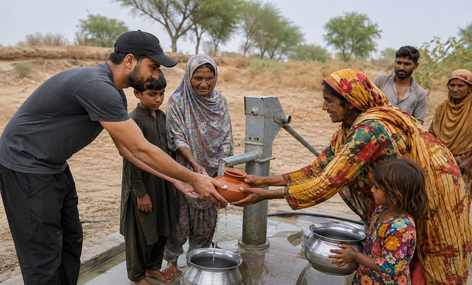 How a Water Hand Pump Changes Lives: The Impact of Clean Water Donations 2 a man in a black cap and t-shirt helps local village women and children collect water from a hand pump, passing a small clay pot to a woman wearing a colorful headscarf.