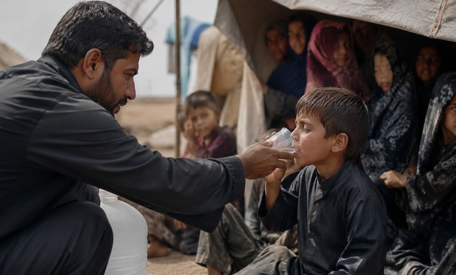 How One Water Pump Changes an Entire Village in Pakistan 3 A man crouches to hold a clear cup of water to a young boy's lips, while a large white water container sits beside them and a group of women and children watch from inside a tent.