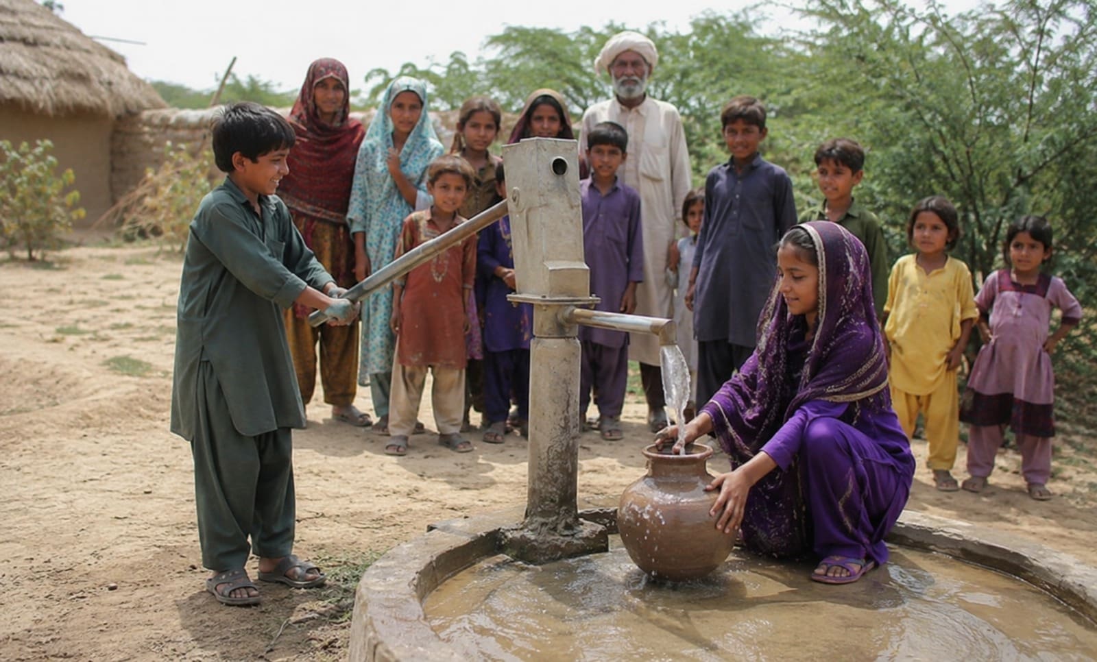 How Water Pump Donation Works in Rural Areas 5 A young boy operates a manual hand pump while a girl crouches to fill a clay water pot from the flowing spout. A group of community members, including women, children, and an older man, stand in the background watching with smiles. The setting is a rural outdoor area with a thatched-roof structure and green shrubs.