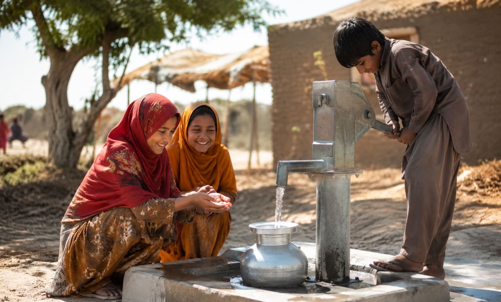 Sadaqah Jariyah Meaning in Islam: Water Wells, Rewards & Importance of Clean Water 2 A young boy operates a manual metal water pump in a rural village while two smiling young girls in traditional headscarves crouch nearby, waiting to collect the fresh, flowing water in a metal pot.