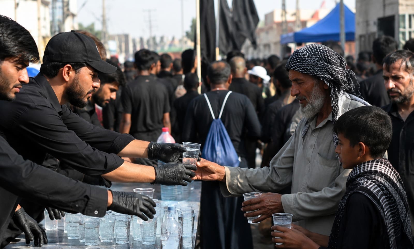 The Best Charities to Give During Muharram and Ashura 3 men wearing black shirts and gloves distribute plastic cups of water from a table to an elderly man and a young boy during a crowded outdoor gathering with black flags in the background.