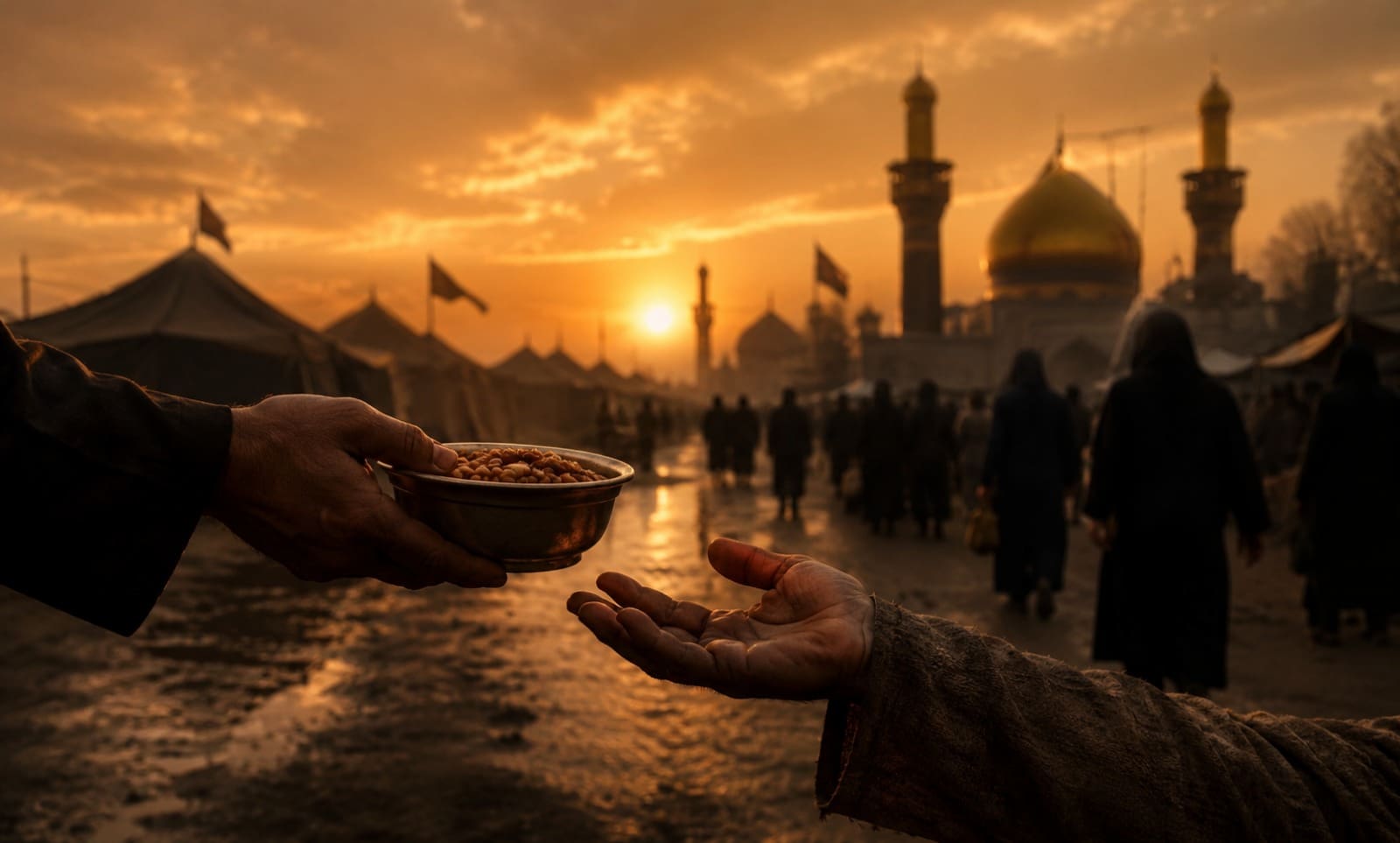 The Spiritual Strategy of Daily Giving: Navigating the 10 Days of Muharram 5 In the image "the-spiritual-strategy-of-daily-giving-navigating-the-10-days-of-muharram.jpeg", one person's hand reaches out to pass a small bowl of food to another person's open, waiting hand. The scene is set outdoors during a warm golden sunset, with silhouettes of people walking past tents toward a prominent golden-domed mosque with minarets in the background.