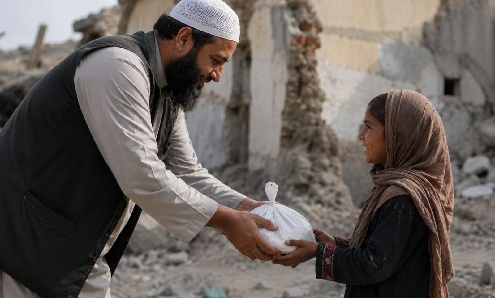 What is Ashura Charity in Islam? Meaning and Importance 3 A smiling man with a beard and a white prayer cap leans forward to hand a tied white package of food or aid to a young girl wearing a headscarf. Both are smiling during the exchange, set against a background of damaged, crumbling concrete structures and rubble.