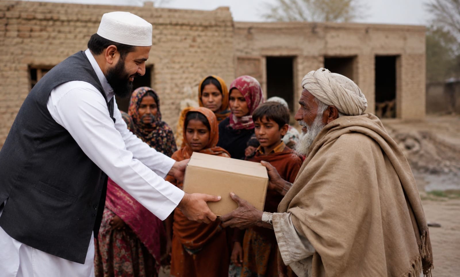 What Is Sadaqah Jariyah? 7 Charities That Continue Reward After Death 5 a smiling man in traditional islamic attire hands a cardboard aid package to an elderly villager, with a group of women and children watching in the background.