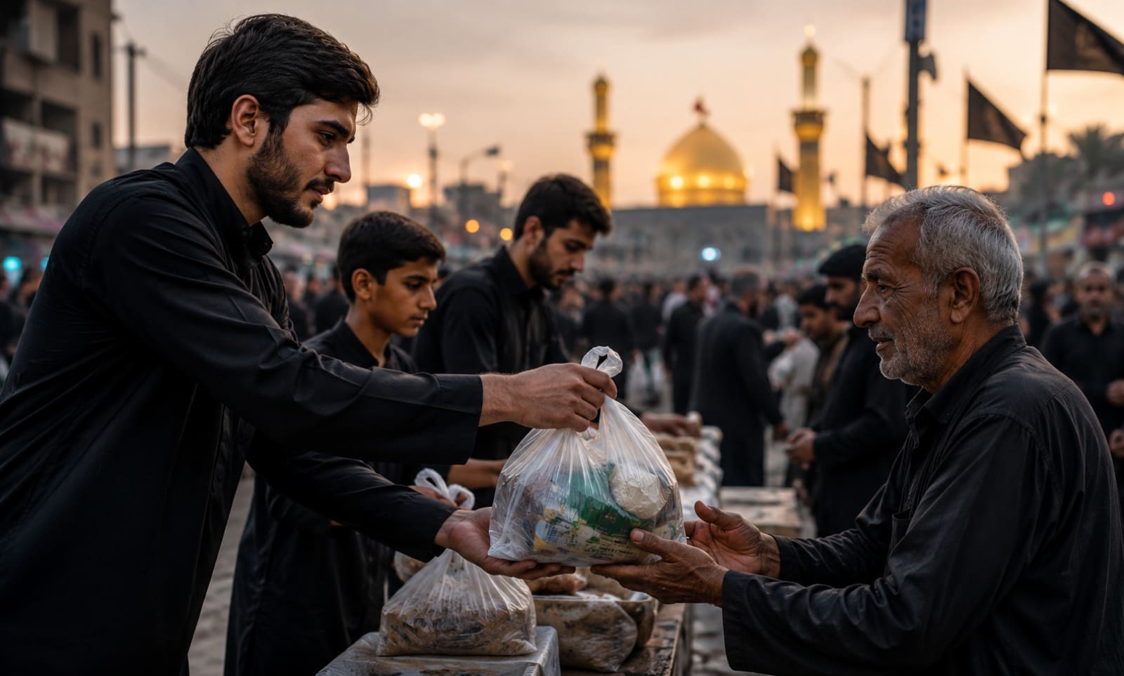 Why Donations Increase During Muharram and Ashura 4 In the image "why-donations-increase-during-muharram-and-ashura.jpeg", young men dressed in black clothing are seen distributing food and supplies in clear plastic bags to an elderly man and others in a crowded outdoor setting. The background features a large, illuminated golden mosque dome and minarets during dusk or dawn.